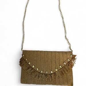 Brown boho fringe clutch bag with chain strap